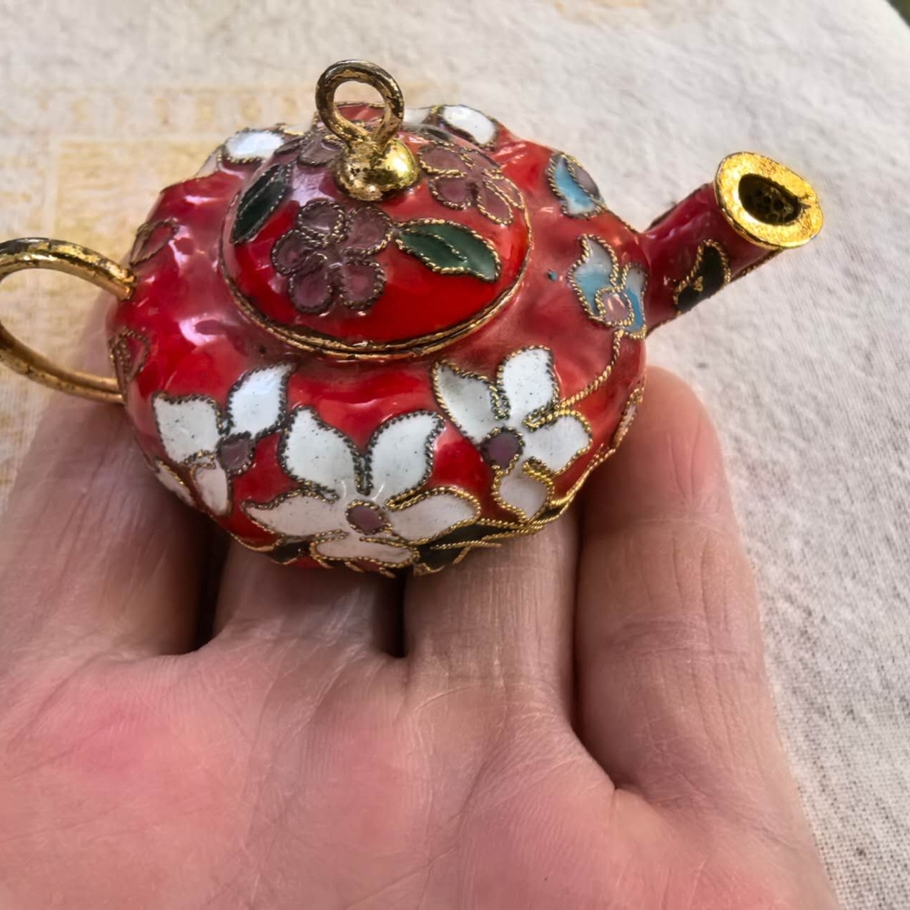 Vintage Collectible Cloisonné Mini Teapot, Hand-enameled floral.